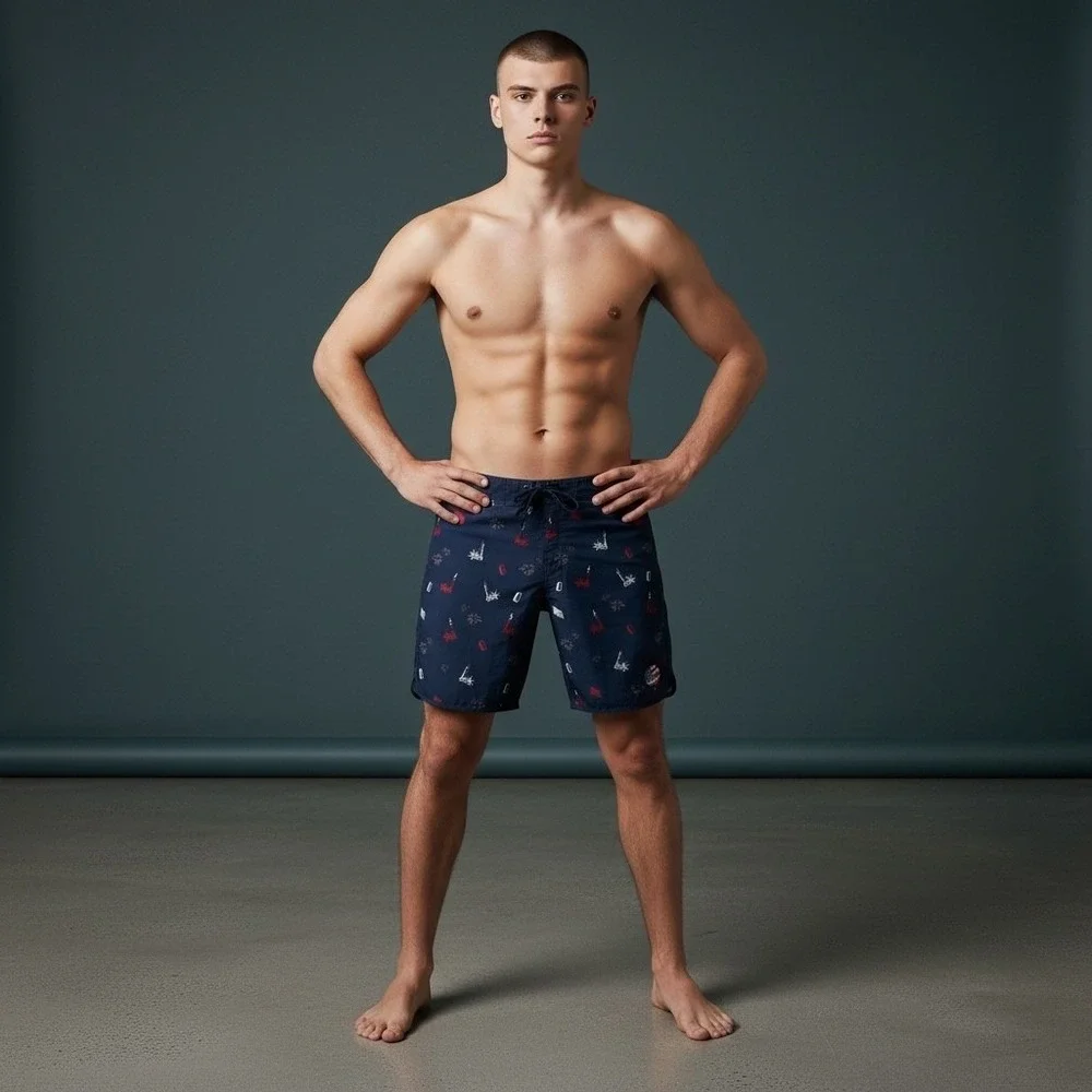 Travis Mathew Mens Swim Trunks Navy Blue Statue of Liberty Fireworks Print Sz 36